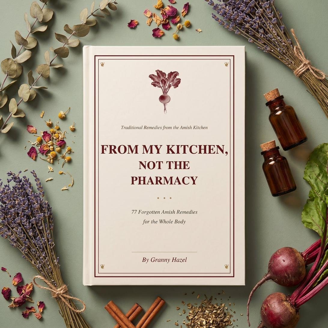 The Granny Hazel book surrounded by dried herbs, lavender, beets, cinnamon, and apothecary bottles