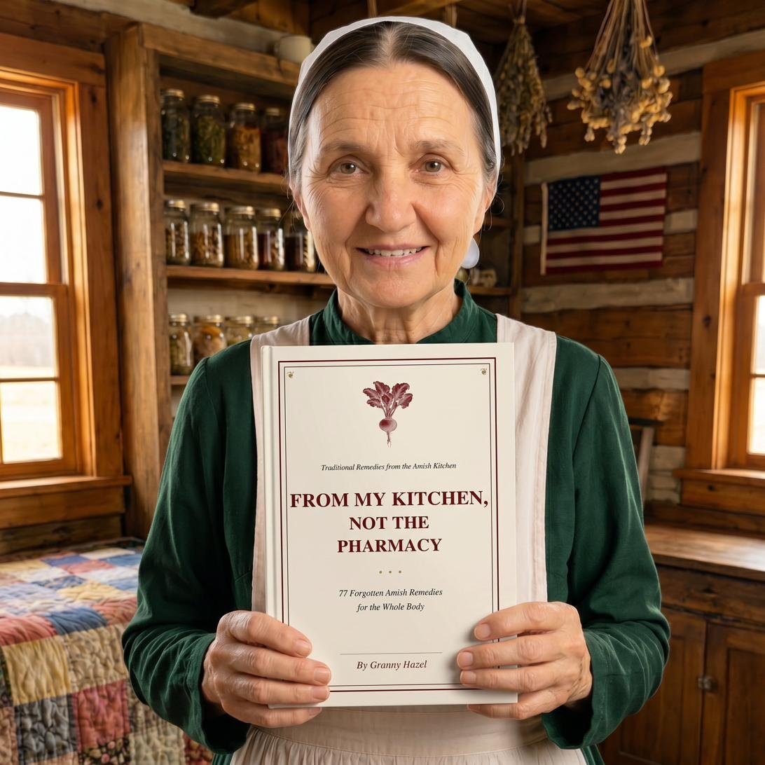 Granny Hazel holding her book, From My Kitchen, Not the Pharmacy, in her Amish cabin kitchen